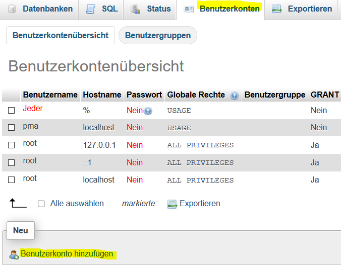 Benutzerkonto über phpMyAdmin anlegen (1)